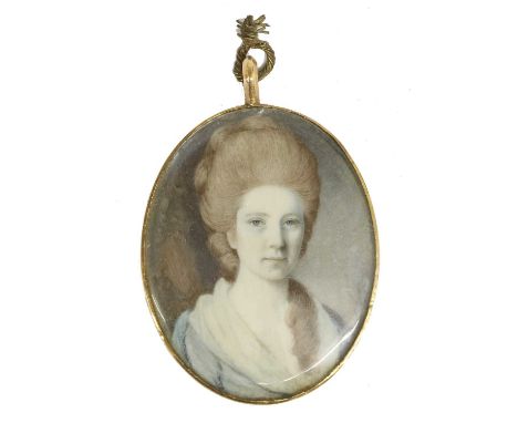 Circle of John Bogle (1746-1803): Miniature Portrait of a Lady, bust length, wearing a white shawl and pale blue dress, on iv