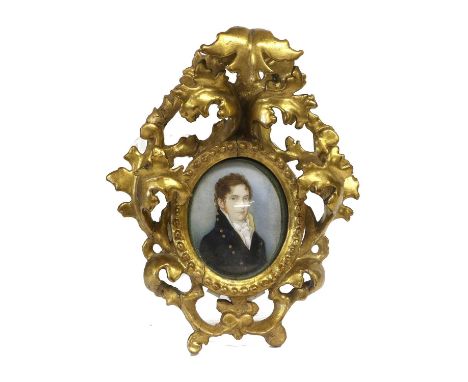 English School (early 19th century): Miniature Portrait of a Young Gentleman, bust length, wearing a white stock and blue jac