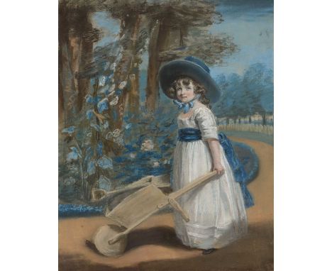 British School (19th Century)Portrait of a young child wearing a broad brimmed blue hat, a white dress tied with a blue sash,