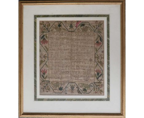 A Sampler, worked by Sarah Salter, dated 1786, with a central verse titled Verse 23 Job The XIX Chap within a decorative flor