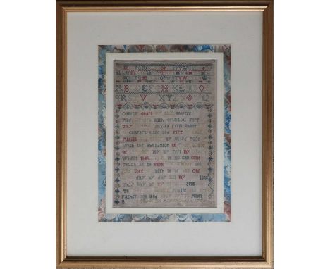 An Alphabet and Verse Sampler, worked by Catherine Edwards, dated 1745, worked in coloured threads and cross stitch, the vers