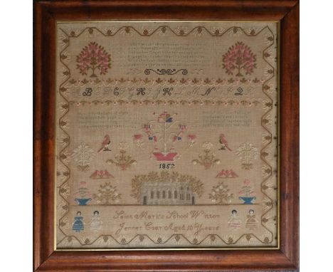 An Alphabet Sampler, worked by Jennet Coer, aged 10 years, dated 1852, of Saint Mark's School, Witton, with three religious v