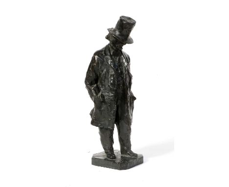 Francesco Saverio Sortini (c.1869-1929): a bronze figure of a man, wearing top hat and an overcoat, grasping a stick behind h