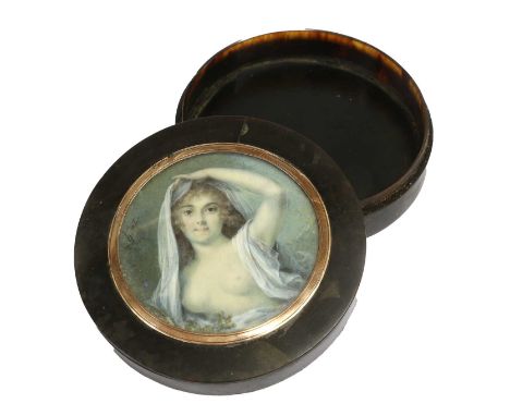 French School (19th century): Miniature Portrait of a Classical Maiden, bust length, diaphanously draped, signed Hüet, on ivo