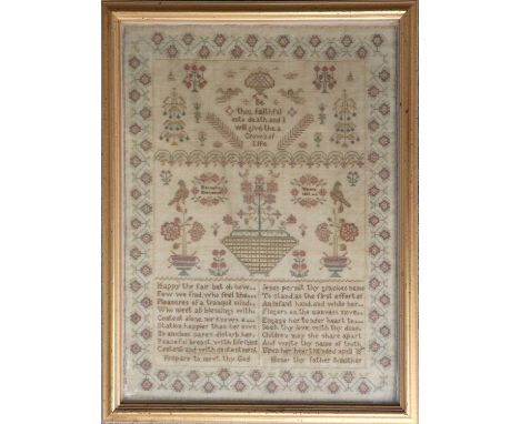 A Pictorial Sampler with Religious Verse, worked by Hannah Horsaman, dated 1821, delicately worked in coloured silk cross-sti