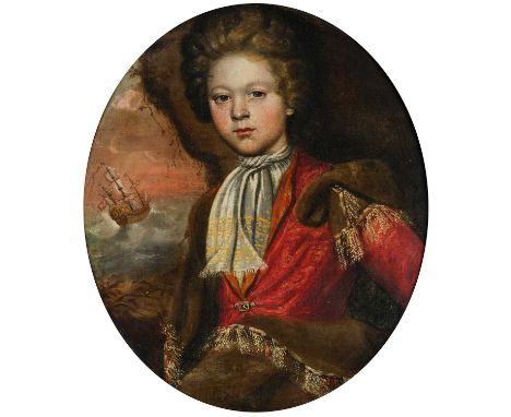 Circle of Arnold Boonen (1669-1729) Dutch Portrait of a young gentleman, half-length, in naval attire, view of a seascape wit