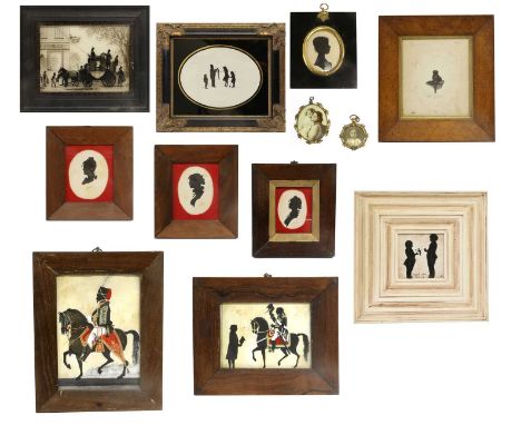 English School (mid 19th century): Silhouette Study of a Family at the Seaside, the father wearing a top hat showing a fish t