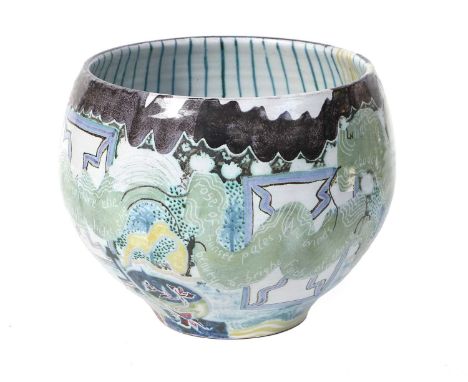 Alan Caiger-Smith (b.1930): tin glazed earthenware "Gypsy Bowl", inscribed, monograms to the underside, 15cm high