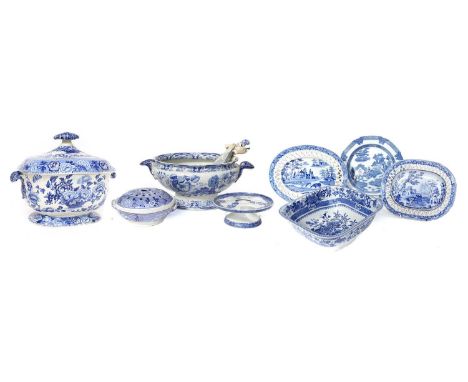 A Collection of Pearlware, 19th century, printed in underglaze blue, various patterns, comprising:Brameld ladleMinton square 