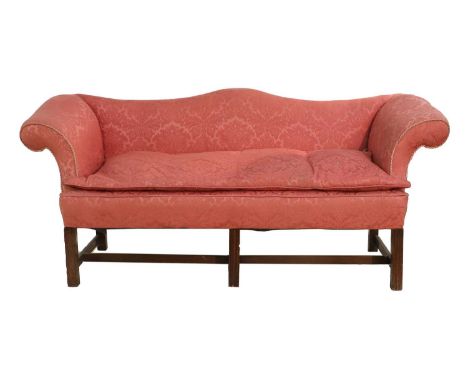 A George III-Style Three-Seater Sofa, recovered in pink floral silk damask, the hump-back back support with scrolled arms abo