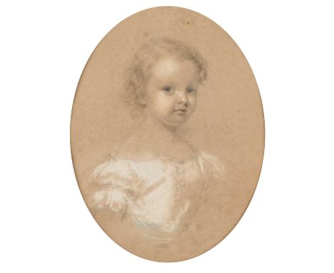 Attributed to Charles Landseer (1799-1879)Portrait of a young girl, head and shoulders, wearing a white dress with a pale blu