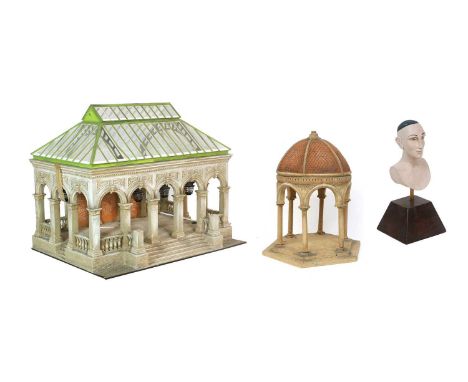 A Composition Table-Top Model of a Classical Building, 20th century, with removable green painted and perspex roof, the base 