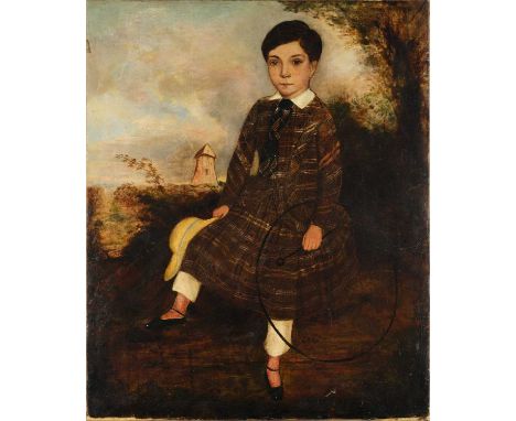 British School (19th/20th Century)Young boy wearing a plaid overcoat, at rest in a landscape before a windmillOil on canvas, 