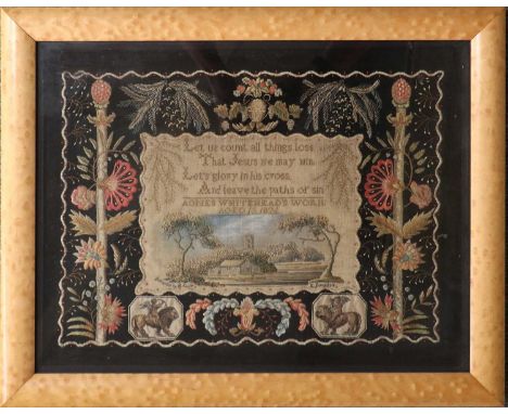 An Embroidered Picture, worked by Agnes Whitehead, aged 13, dated 1824, with central cream linen panel painted and embroidere