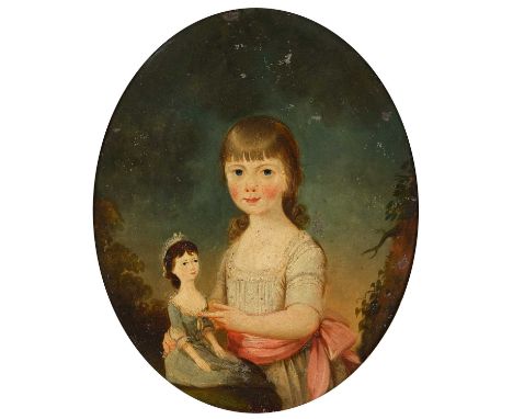 British Provincial School (19th Century) Portrait of a young girl, three quarter length standing in landscape, wearing a whit