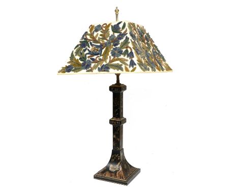 A Modern Japanned Table Lamp, of square column form on spreading base, decorated with birds and flowers, with crewel work sha