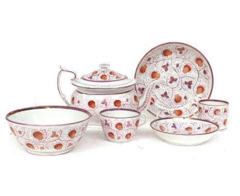 A Sunderland Lustre Porcelain Part Tea and Coffee Set, early 19th century, decorated in the "Strawberry" pattern, comprising: