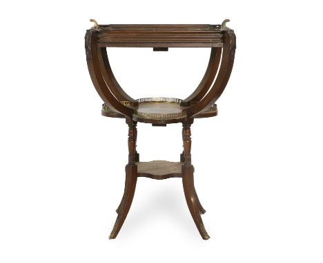 A Mahogany Tray-Top Three-Tier Étagère, circa 1900, the removable glass tray with brass handles, on acanthus-decorated scroll