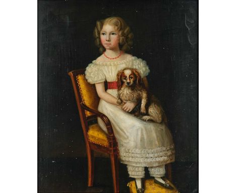 British Provincial School (19th century)Young girl seated on a chair holding a spaniel on her lapOil on metal, 44cm by 37.5cm