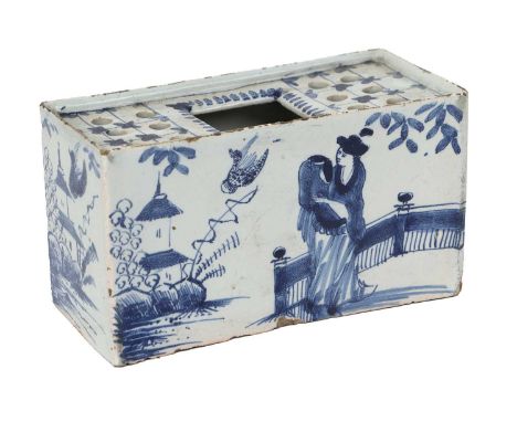 An English Delft Flower Brick, circa 1750, painted with a Chinese figure stood by a balustrade, with a duck in flight and pag