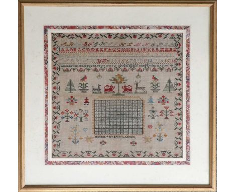An Alphabet and Multiplication Sampler, worked by Hannah Hodgson, aged 11, 19th century, worked in coloured cross-stitch, the