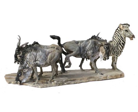 British School (contemporary)Wildebeest and Zebra GroupSigned (indistinct) and dated (19)97, raku fired ceramic on stone base