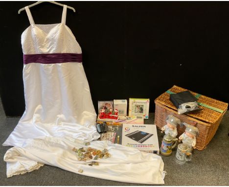 A wedding dress; pair of Miranda binoculars; Wade Whimsies (approx 20); Novelty Christmas figures; Set of Salter Bluetooth An