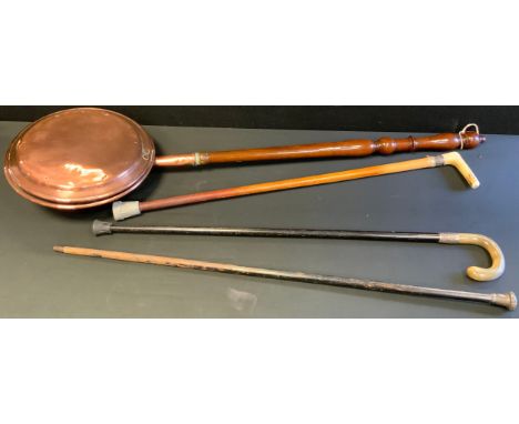 A George V stained horn walking stick, hook handle, silver ferule Birmingham 1917, ebonised shaft;  others ;  warming pan (4)