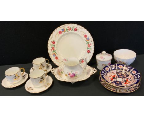 A Royal Crown Derby 2451 Imari shaped square bowl,  saucer;  three A941 gilt floral cups and saucers;  Posies preserve jar, s
