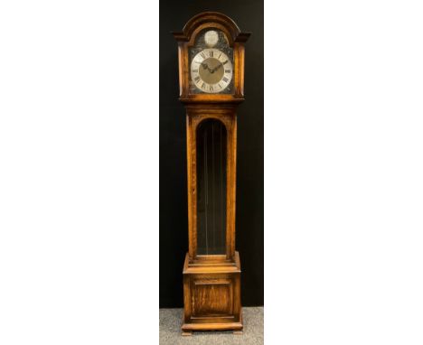 A George III style oak Longcase clock, Embee quarter-chiming, triple weight, 8 Day Westminster movement, brass face with Roma