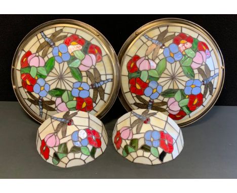 A pair of Tiffany style stained and leaded glass Dragonfly light shades, 41.5cm diameter,  pair of conforming wall lights (4)