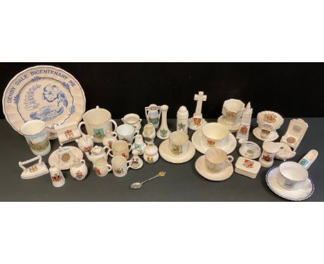 Crested Ware - various factories including Goss, war memorials, chairs, vases, cups and saucers, Roman lamp, etc 