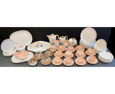 A Poole two tone dinner service, the  exterior in mottled grey, the interior in brown, printed marks;  a similar coffee servi