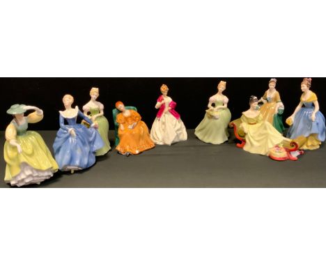 A Royal Douton Figure - Elegance, HN2264; Clarissa,HN 2345; Buttercup, HN 2309; Fragrance, HN  2334; Romance,HN 2430; At Ease