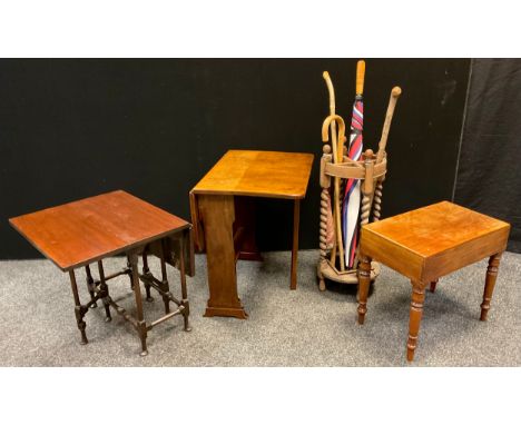 An early 20th century walnut Sutherland table, and another, mahogany;  an oak stick stand, turned barley-twist supports;  etc