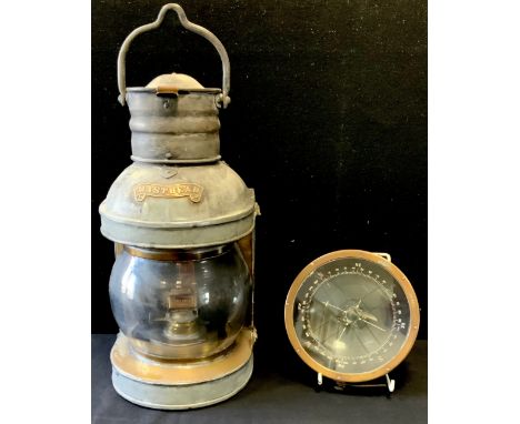 A brass and copper Masthead ships lantern, 38cm high;  a ship's compass, on gimbal, 16.5cm diam (2) 