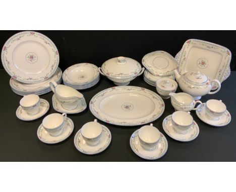 A Wedgwood Rosedale pattern dinner and tea service, for six, inc covered tureen, teapot, oval meat plate, dinner and side pla