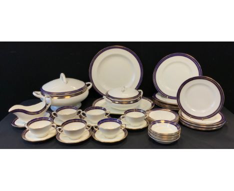 A Coalport Blue Wheat pattern dinner service, for six, comprising soup tureen and cover, entree dish and cover, sauce boat an