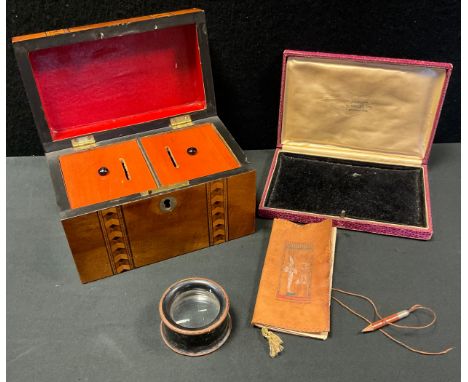 A Victorian mahogany rectangular tea caddy, inlaid with two bands of coloured woods, 17.5cm wide, c.1870;   etc 