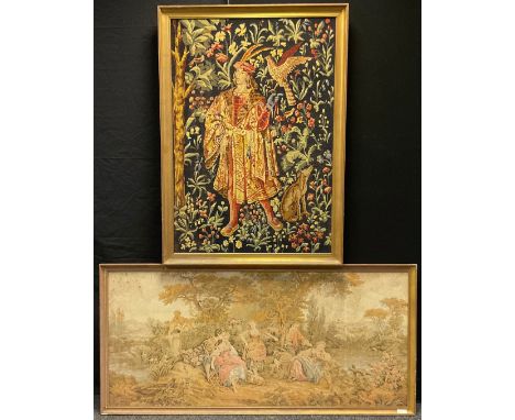 An early 20th century framed tapestry, ‘Austringer’, 104cm x 80cm;  another, tapestry, figures in a classical landscape, (2).