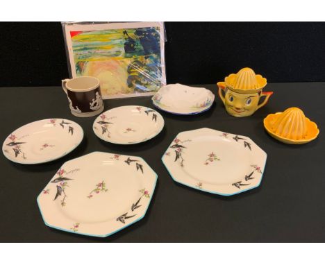 Ceramics - a Carltonware novelty Smiley Face reamer/squeezer , printed marks;  two Paragon Two For Joy pattern saucers and si