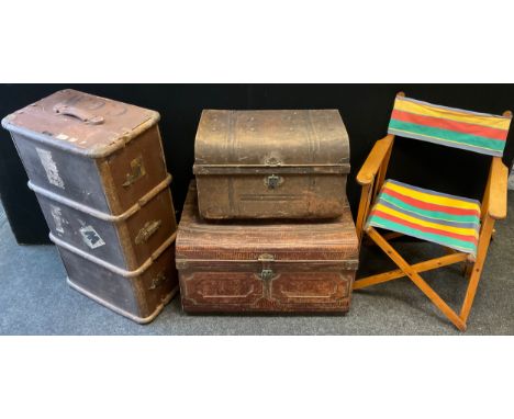 An early 20th century bentwood and leather steamer trunk, made by C. Maude, Boar Lane, Leeds;  a metal travel trunk, scumbled