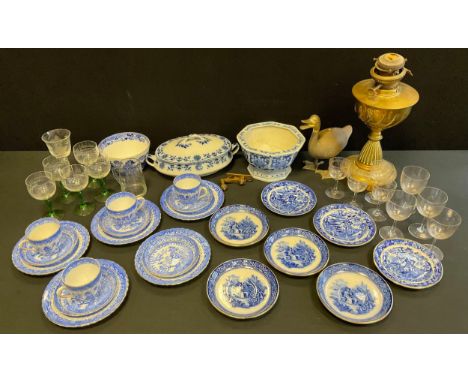 Boxes &amp; Objects - a Victorian brass oil lamp;  20th century Chinese blue and white planter;  Treen box;  part willow patt