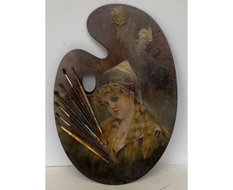 Victorian artist pallet painted portrait &amp; brushes 