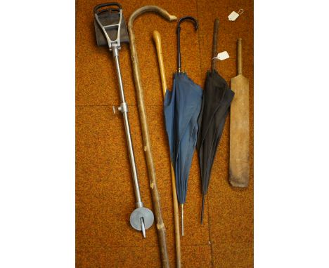 Shooting stick, 2 vintage umbrellas, walking sticks &amp; a rounders bat  