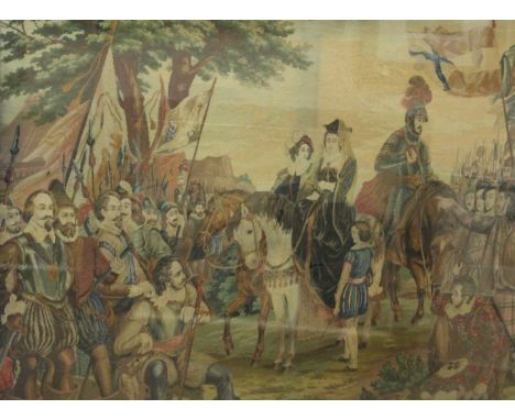 19TH CENTURY NEEDLEWORK TAPESTRY WALL HANGINGdepicting Mary Queen of Scots before clansmen, framed and under glass, 135cm hig