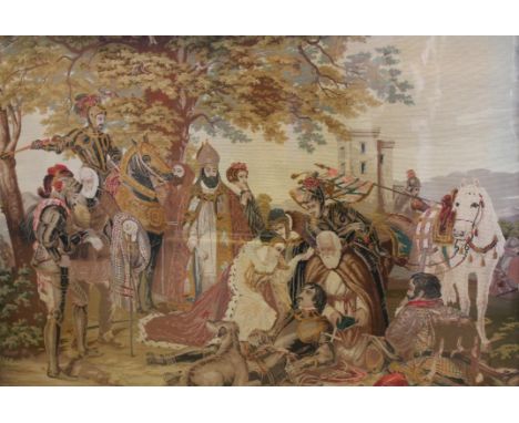 19TH CENTURY NEEDLEWORK TAPESTRY WALL HANGINGdepicting a fallen King, framed and under glass, 125cm high, 158cm wide