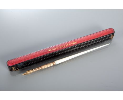 VICTORIAN DIP PEN
maker John Holland, No. 4, with mother-of pearl shank and original gilt morrocco leather case, 19.5cm long