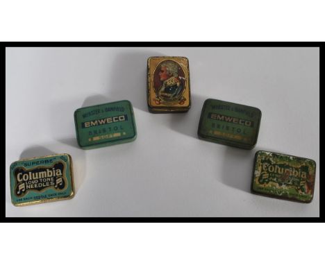 A collection of five vintage gramophone needle tins to include examples by Webster and Banfield Emweco Bristol x 2, Columbia 