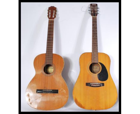 Two vintage retro 20th century acoustic guitars one by Santiago and one by Eros. Please see images.